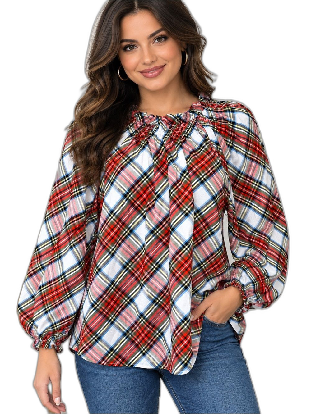 J. Crew Women’s Small Red Plaid Smocked-Neck Balloon Sleeve Blouse Peasant !